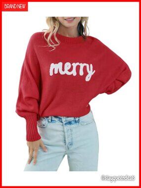 Womens Merry Christmas Sweater Long Batwing Sleeve Oversized Pullover Top